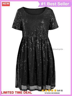 Plus Size Sequin Mini Dress Short Sleeve Scoop Neck A-Line Cocktail Party
